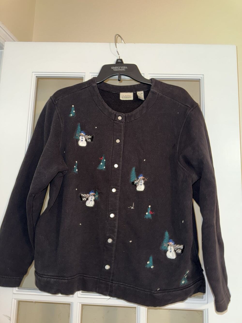 Classic Elements Black Pearl Snap Snowman Embroidered Sweater Christmas XL